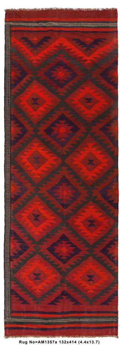 Handwoven Afghan Kilim Runner 4'4" x 13'7" Wool Area Rug: Handwoven Afghan Kilim Runner 4'4" x 13'7" Wool Area Rug Free continental US Shipping Transform your space with this stunning Afghan Kilim Runner, measuring 4'4" x 13'7". Handwoven from high-quality w