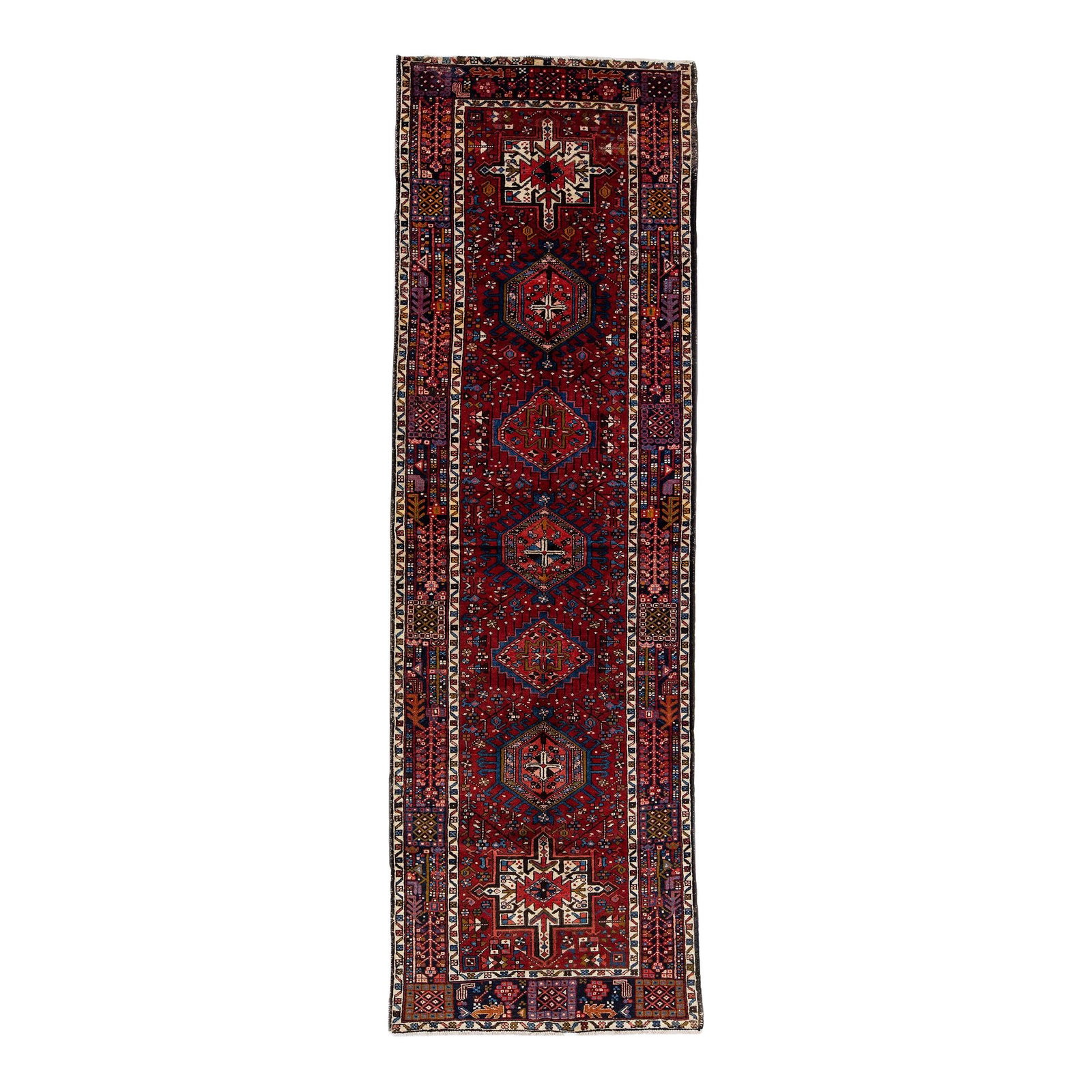 Vintage Persian Heriz Handmade Wool Runner Navy Blue Medallion 3'6" x 11': Vintage Persian Heriz Handmade Wool Runner Navy Blue Medallion 3'6" x 11' This stunning 1960s vintage Persian Heriz runner is hand-knotted from high-quality wool, showcasing a rich navy blue field ado