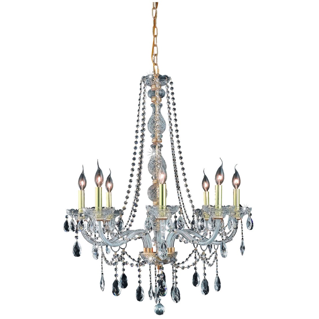 Verona 8 Light Gold Crystal Chandelier 28 Inch Wide: Verona 8 Light Gold Crystal Chandelier 28 Inch Wide This pre-owned Venetian style chandelier features a gold finish and clear royal cut teardrop crystals, creating an elegant focal point for any livin