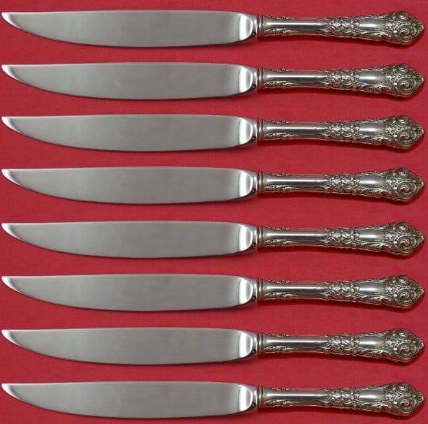 Reed & Barton French Renaissance 8pc Sterling Silver Steak Knife Set: Reed & Barton French Renaissance 8pc Sterling Silver Steak Knife Set This exquisite 8-piece steak knife set by Reed & Barton showcases the elegant French Renaissance pattern. Each knife features a ste