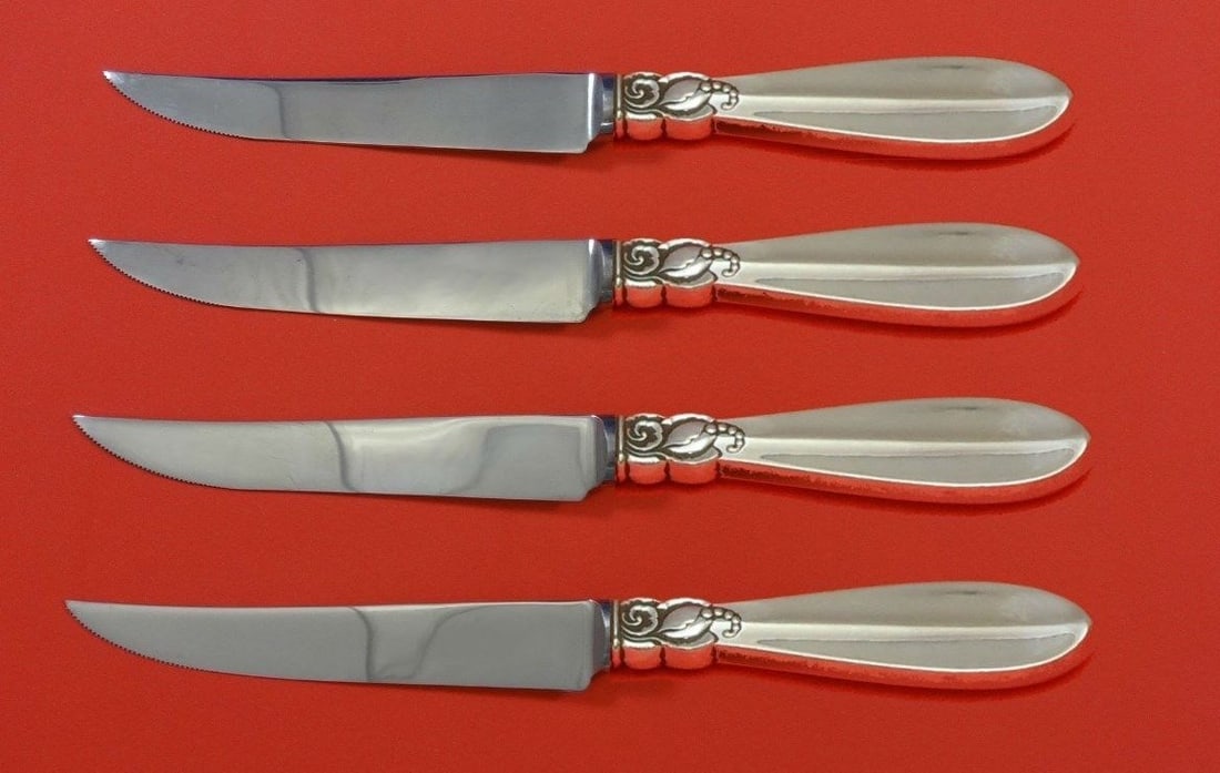 Frigast Princess Fuchsia Sterling Silver Steak Knife Set 4pc Custom: Frigast Princess Fuchsia Sterling Silver Steak Knife Set 4pc Custom Enhance your dining experience with this exquisite 4-piece steak knife set from Frigast, featuring the elegant Princess Fuchsia patt