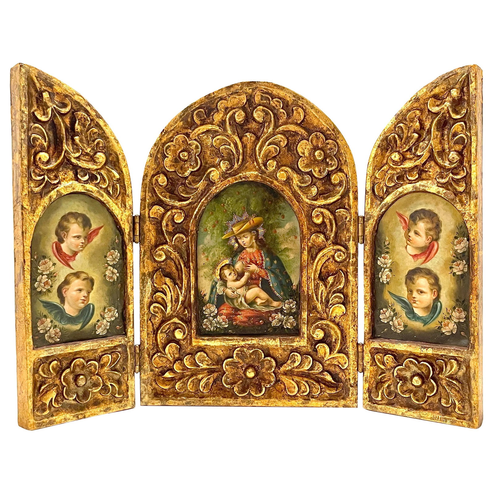 19th Century Spanish Colonial Giltwood Triptych Virgin Mary Christ Child (1 of 10)