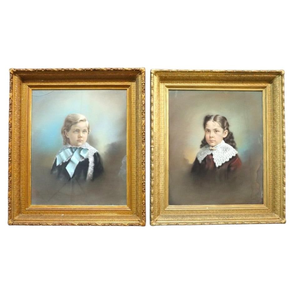 Victorian watercolor sibling portraits in giltwood frames set of 2 (1 of 18)