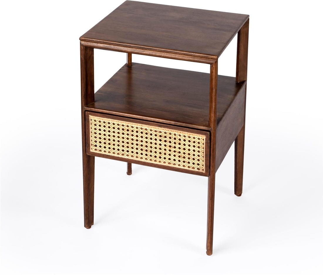 Butler Vardo Nightstand Mid-Century Brown Multi Cane Mango Wood: Butler Vardo Nightstand Mid-Century Brown Multi Cane Mango Wood Introducing the Vardo Nightstand, a stylish piece that embodies Mid-Century design aesthetics. This nightstand features a unique brown m