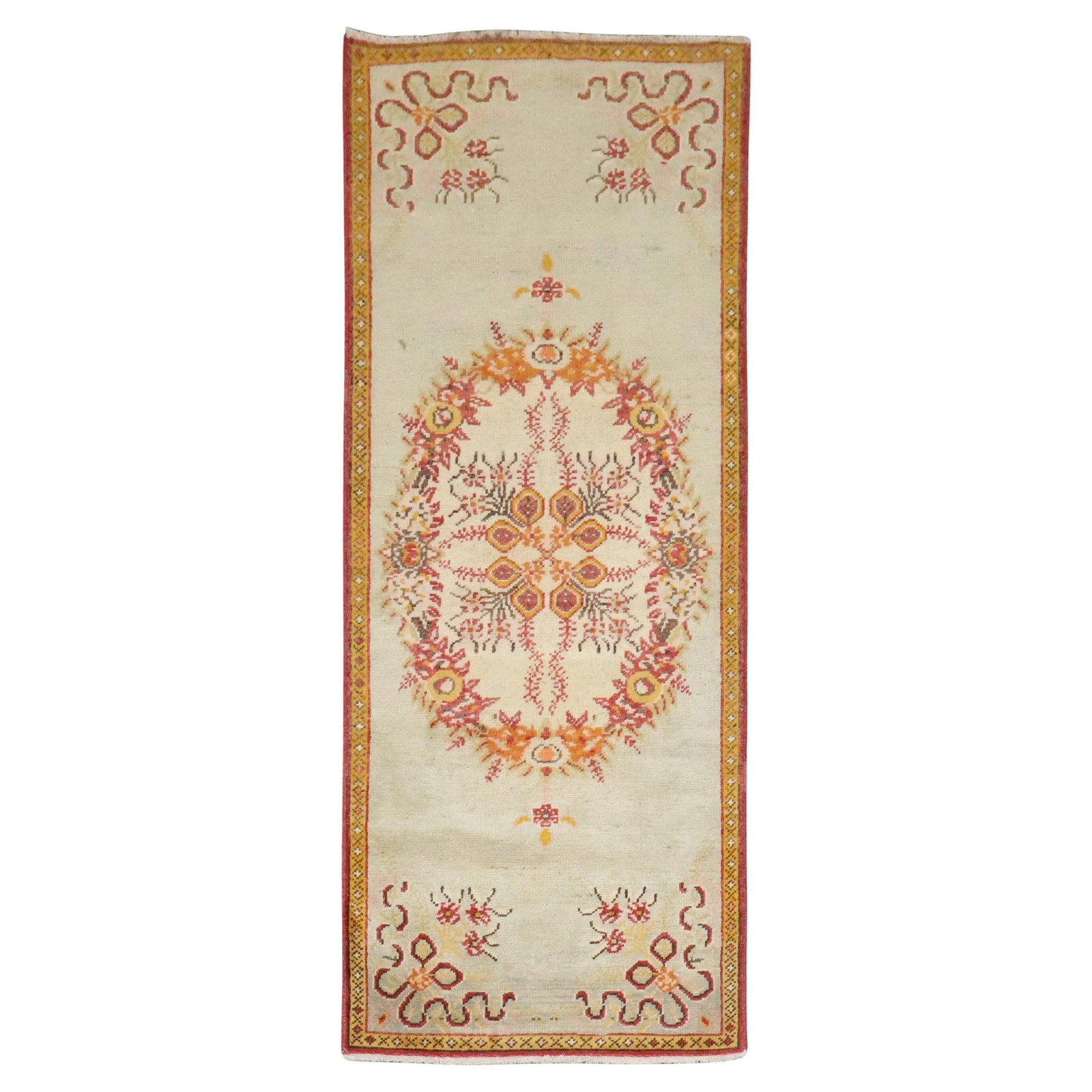 Mid 20th Century Wool Anatolian Floral Runner Rug 2'3 x 5'3 Turkey: Mid 20th Century Wool Anatolian Floral Runner Rug 2'3 x 5'3 Turkey This vintage Turkish Anatolian runner features a rustic floral design and is hand-woven from wool. Originating from Turkey and crafte