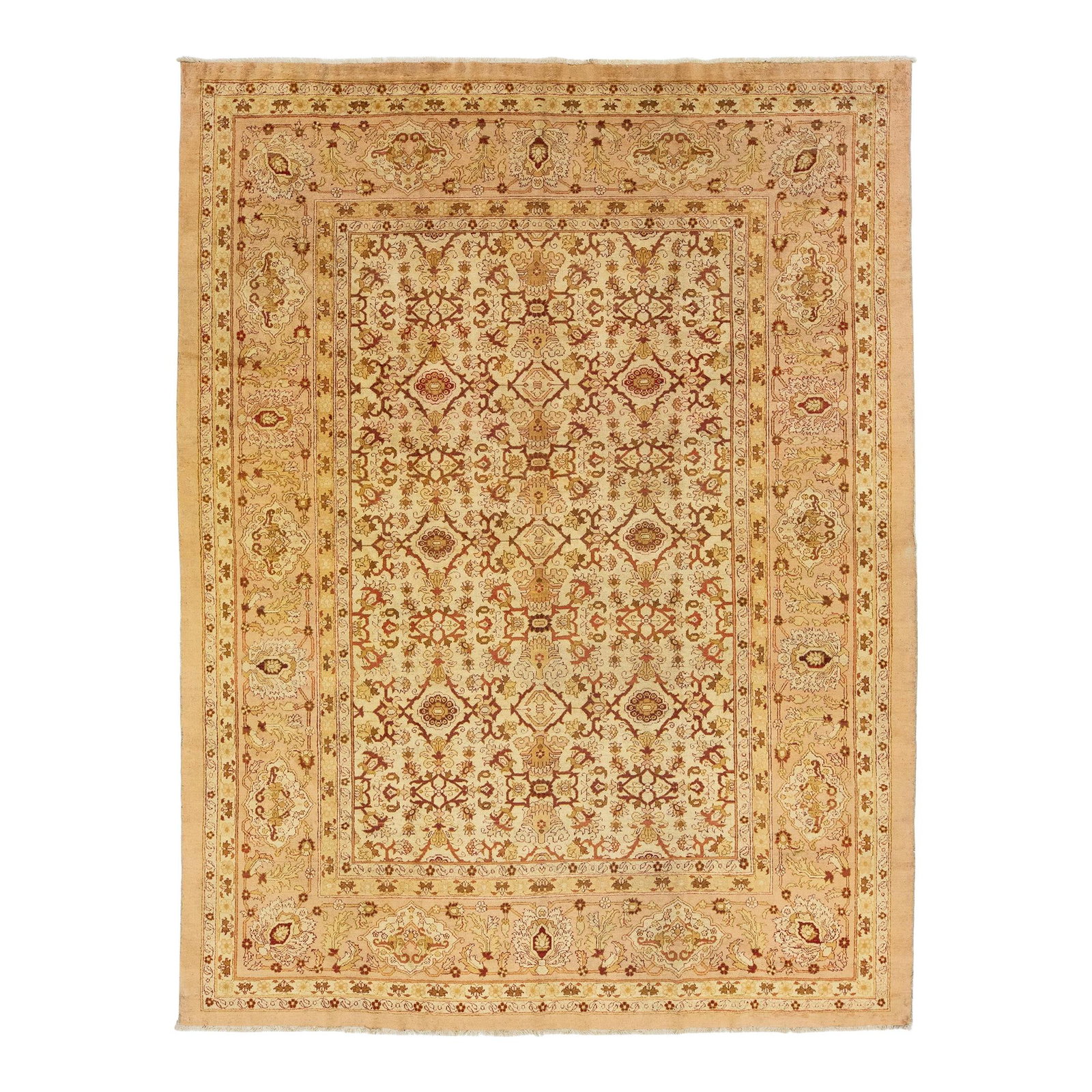 Antique 9 x 12 Hand-Knotted Agra Floral Wool Rug Beige Peach: Antique 9 x 12 Hand-Knotted Agra Floral Wool Rug Beige Peach Enhance your living space with this exquisite 9' x 12' antique handmade Agra rug. Featuring a stunning beige field adorned with a floral pa
