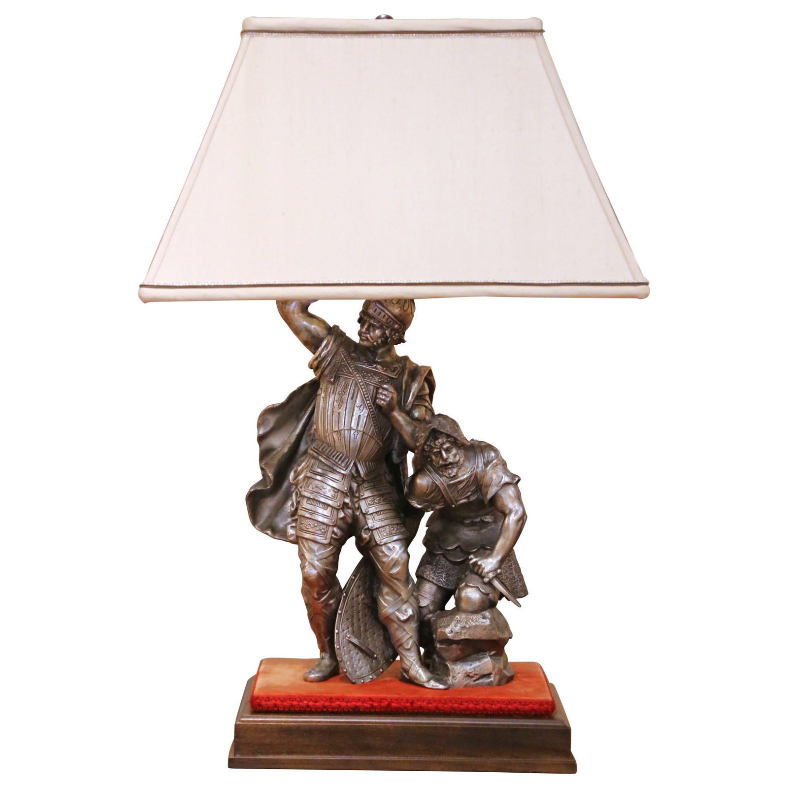 French silvered bronze warrior lamp circa 1880: French silvered bronze warrior lamp circa 1880 This late 19th-century French figural sculpture has been expertly mounted as a table lamp. Crafted circa 1880, it features two Renaissance-style warriors