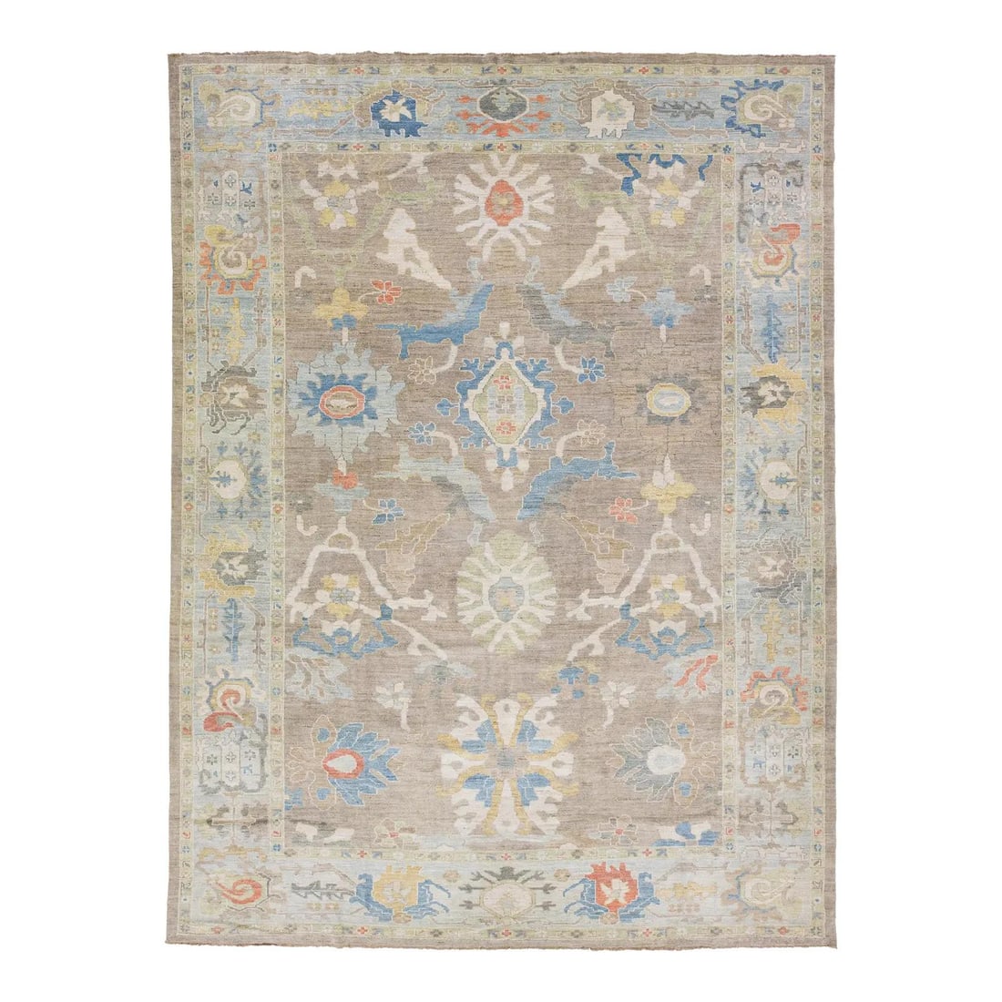 10'6 x 14'3 Sultanabad Style Wool Area Rug in Warm Beige Tones: 10'6 x 14'3 Sultanabad Style Wool Area Rug in Warm Beige Tones This handmade Sultanabad wool rug features a modern design with a central medallion and symmetrical floral and geometric patterns. The mu