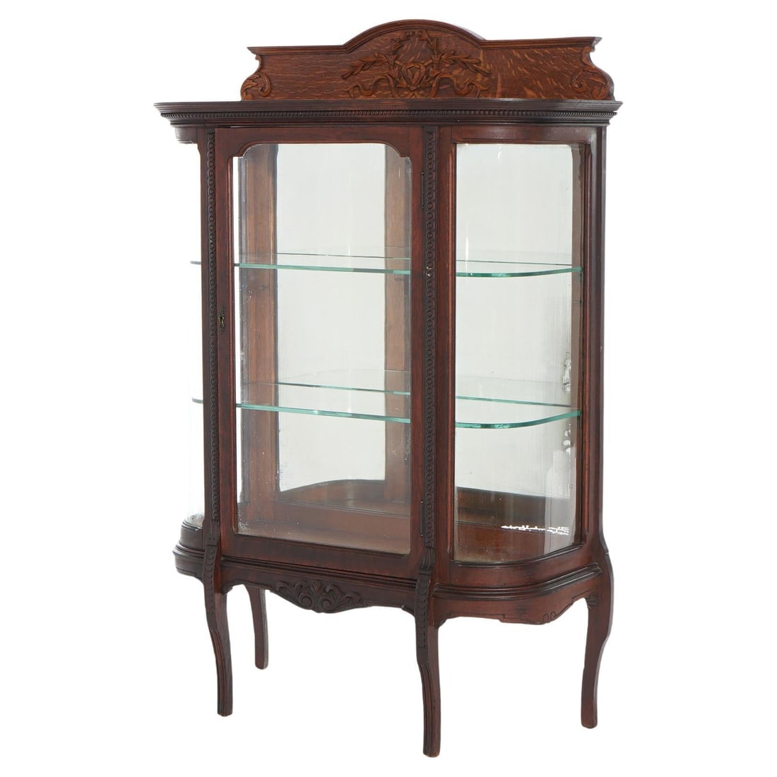 Antique Oak Vitrine with Mirrored Back and Carved Ribbon Accents Circa 1910 (1 of 15)