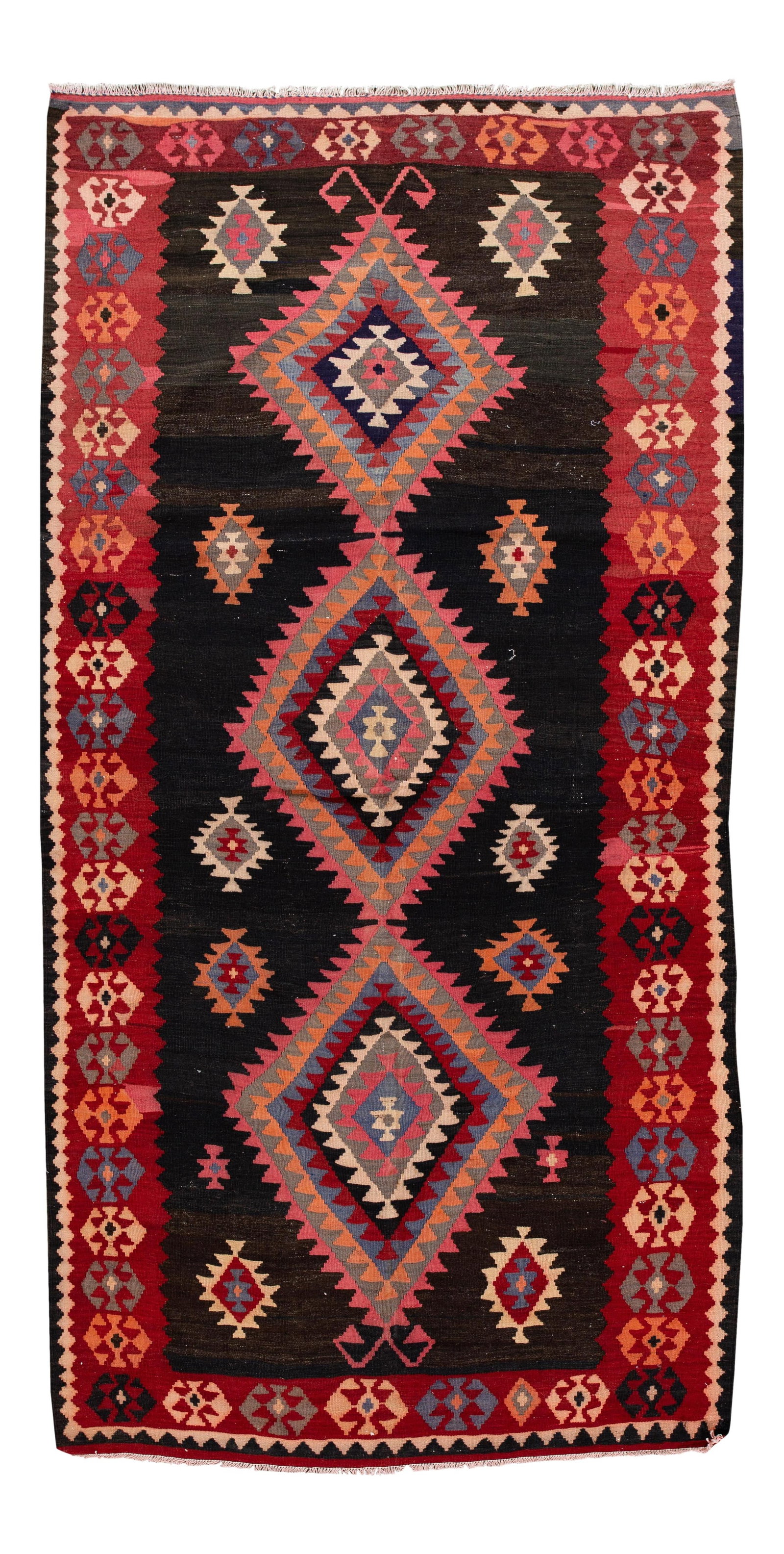 Mid-Century Vintage Kilim Rug Black Red Geometric 5'4" x 10'8" Wool: Mid-Century Vintage Kilim Rug Black Red Geometric 5'4" x 10'8" Wool This exquisite hand-woven vintage Kilim rug features a striking black field with a vibrant red frame and multi-color accents arrange