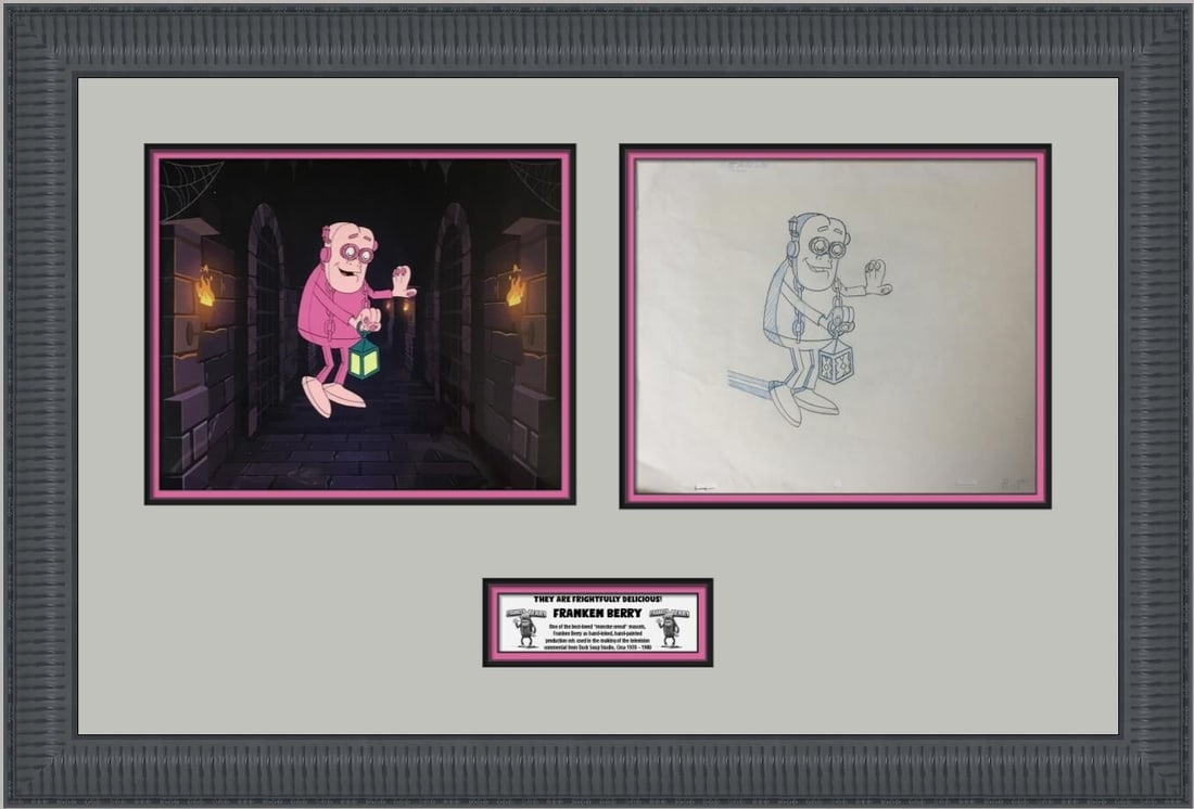 Franken Berry Production Cel Custom Framed 1980 by Duck Soup: Franken Berry Production Cel Custom Framed 1980 by Duck Soup Presenting a remarkable production cel of Franken Berry, a beloved character from the General Mills Monster Cereals franchise. This unique 
