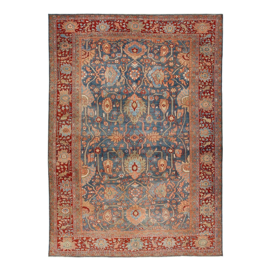 Antique 1900s Sultanabad Hand-Knotted Wool Rug 8'5" x 11'8" Blue: Antique 1900s Sultanabad Hand-Knotted Wool Rug 8'5" x 11'8" Blue This exquisite Sultanabad rug, hand-knotted in the early 1900s, exemplifies the rich tradition of Persian weaving. Made from 100% wool,
