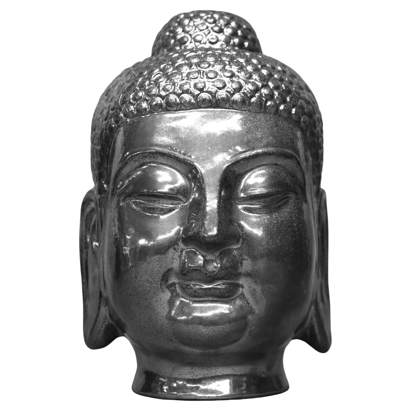 Silver Gilt Ceramic Buddha Head Bust from Tibet 20th Century: Silver Gilt Ceramic Buddha Head Bust from Tibet 20th Century This Tibetan sculpture is a 20th-century Buddha head bust crafted from ceramic and adorned with gilt silver detailing. It features traditio