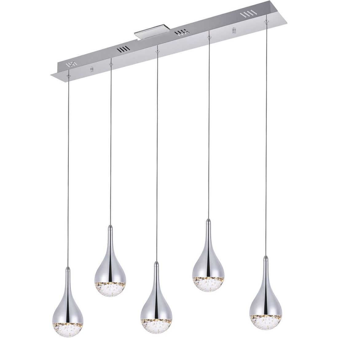 Amherst 5 Light Chrome LED Pendant 34 in: Amherst 5 Light Chrome LED Pendant 34 in Modern 5-light pendant chandelier for indoor use, featuring a chrome finish with clear seeded crystal details. It is hardwired, height-adjustable, and designed