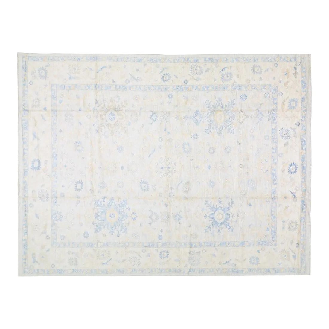 Beige Wool Floral Oushak Hand Knotted Rug 9'9" x 13': Beige Wool Floral Oushak Hand Knotted Rug 9'9" x 13' This contemporary Oushak rug features a fine weave and a floral design, crafted from hand-knotted wool. The rug showcases a beige color palette and