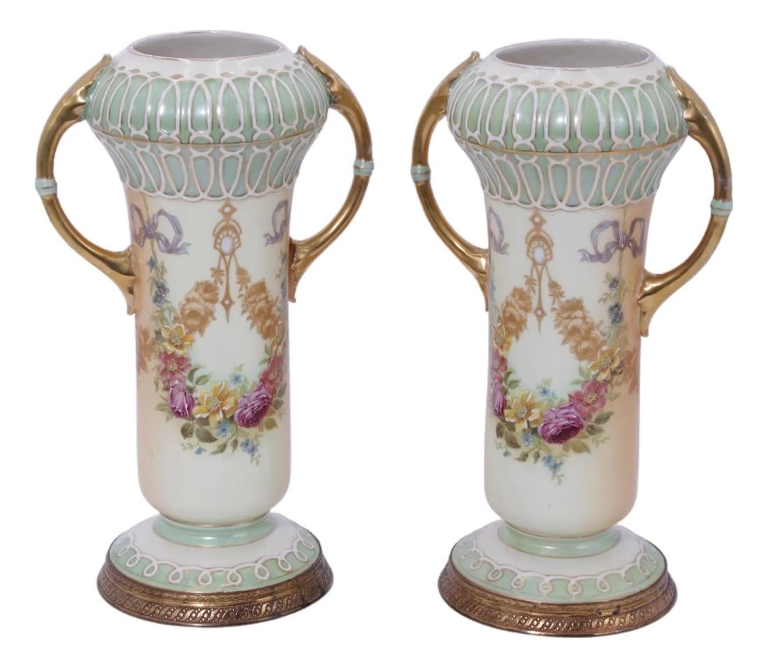 Matching Robert Hanke porcelain vases with brass rims (1 of 10)