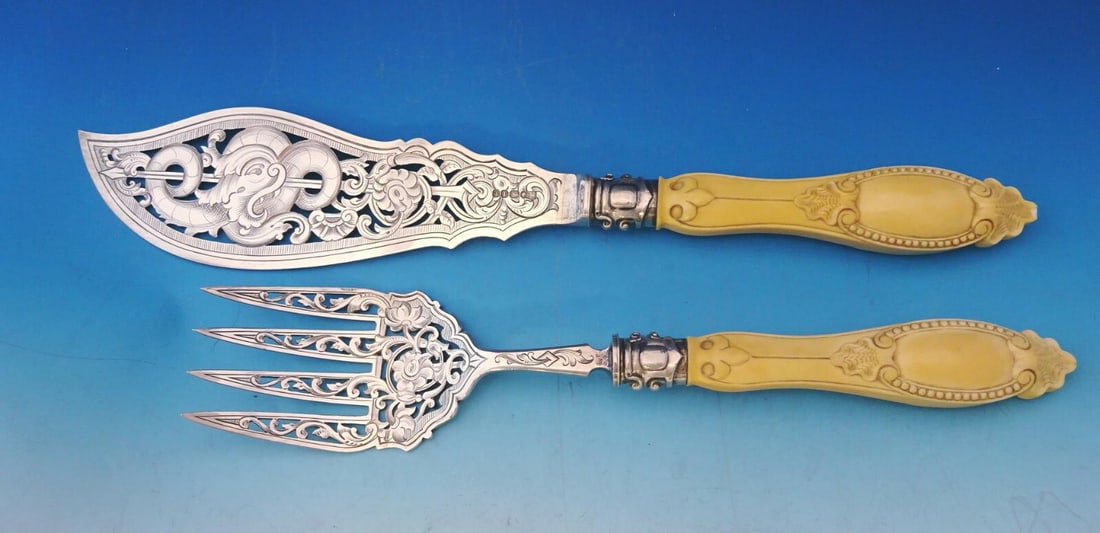 Martin Hall & Co 2pc English Sterling Silver Fish Serving Set 1861: Martin Hall & Co 2pc English Sterling Silver Fish Serving Set 1861 This exquisite 2-piece fish serving set by Martin Hall & Co, dating from 1861, showcases the finest craftsmanship in English sterling