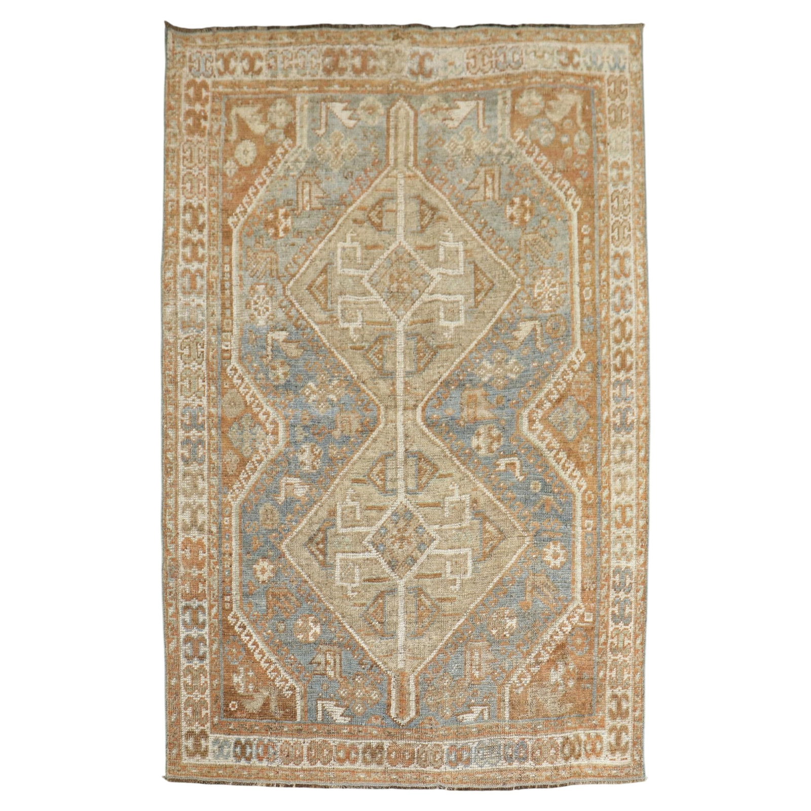 Early 20th Century Wool Shiraz Geometric Rug 3'8 x 5'4: Early 20th Century Wool Shiraz Geometric Rug 3'8 x 5'4 This early 20th-century Shiraz rug features a geometric design with decorative soft colors and camel medallions. Crafted from wool in the Tabriz 