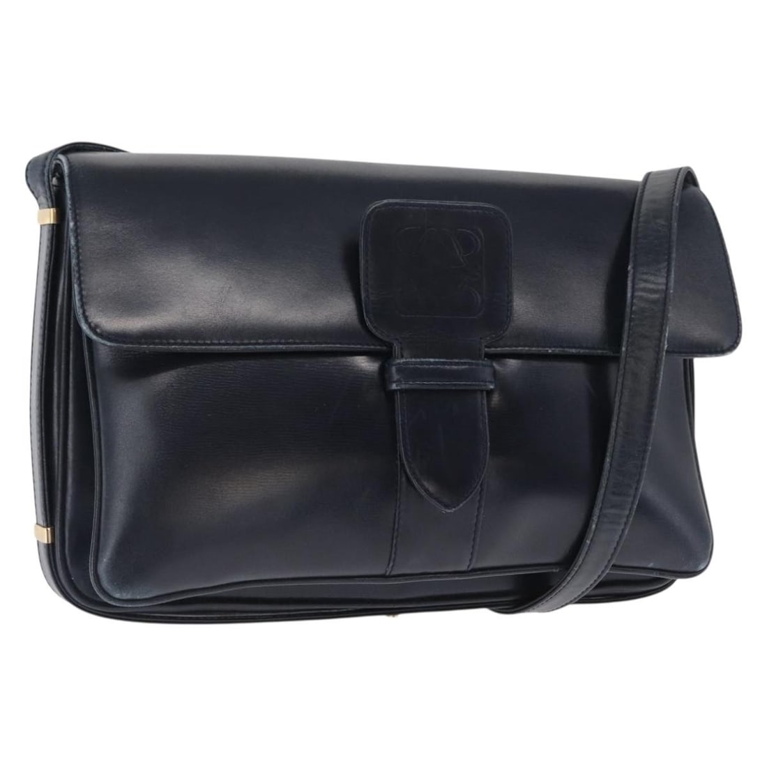 LOEWE Navy Leather Shoulder Bag with Gold Tone Hardware: LOEWE Navy Leather Shoulder Bag with Gold Tone Hardware Authentic LOEWE shoulder bag in navy leather with gold-tone accents. This women's bag is made in Spain and includes only the item shown, with no
