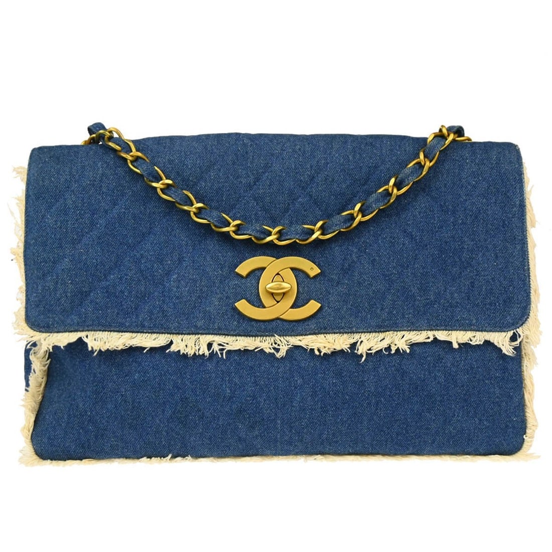 CHANEL Matelasse Quilted Denim Shoulder Bag Blue Turnlock: CHANEL Matelasse Quilted Denim Shoulder Bag Blue Turnlock Chanel shoulder bag in blue denim with a matelasse quilted design and turnlock closure. Designed with an adjustable chain shoulder strap and m