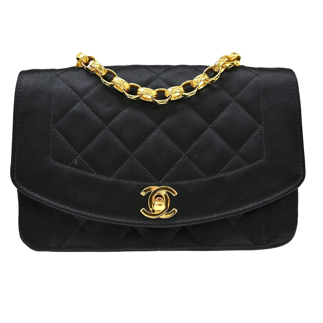 CHANEL Single Chain Shoulder Bag Black Satin Quilted Flap: CHANEL Single Chain Shoulder Bag Black Satin Quilted Flap Chanel black satin shoulder bag with a Matelasse quilted design and flap turnlock closure. This medium women's bag features a chain crossbody-