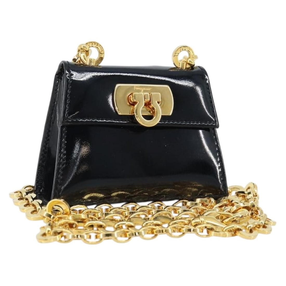 Salvatore Ferragamo Gancini Patent Leather Shoulder Pouch Black Gold: Salvatore Ferragamo Gancini Patent Leather Shoulder Pouch Black Gold Compact Salvatore Ferragamo shoulder bag in black patent leather with gold-tone detailing. This women's bag is made in Italy and fe