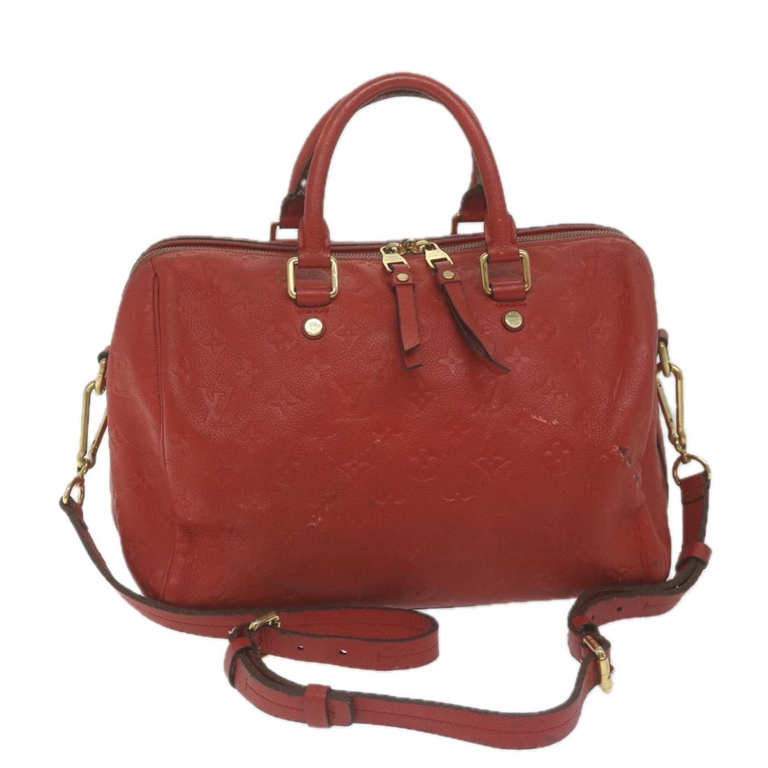 Louis Vuitton Speedy Bandouliere 30 Red Monogram Empreinte 2way Hand Bag: Louis Vuitton Speedy Bandouliere 30 Red Monogram Empreinte 2way Hand Bag Louis Vuitton Speedy Bandouliere 30 in red Monogram Empreinte leather. This 2-way women's handbag includes a shoulder strap and