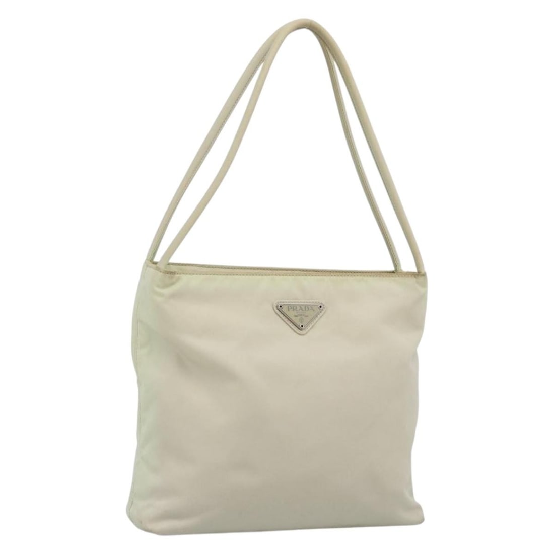 PRADA Nylon Tote Handbag Ivory Silver with Guarantee Card: PRADA Nylon Tote Handbag Ivory Silver with Guarantee Card Authentic Prada tote bag in ivory and silver nylon with a compact silhouette and double handles. Made in Italy, this women's bag includes the 