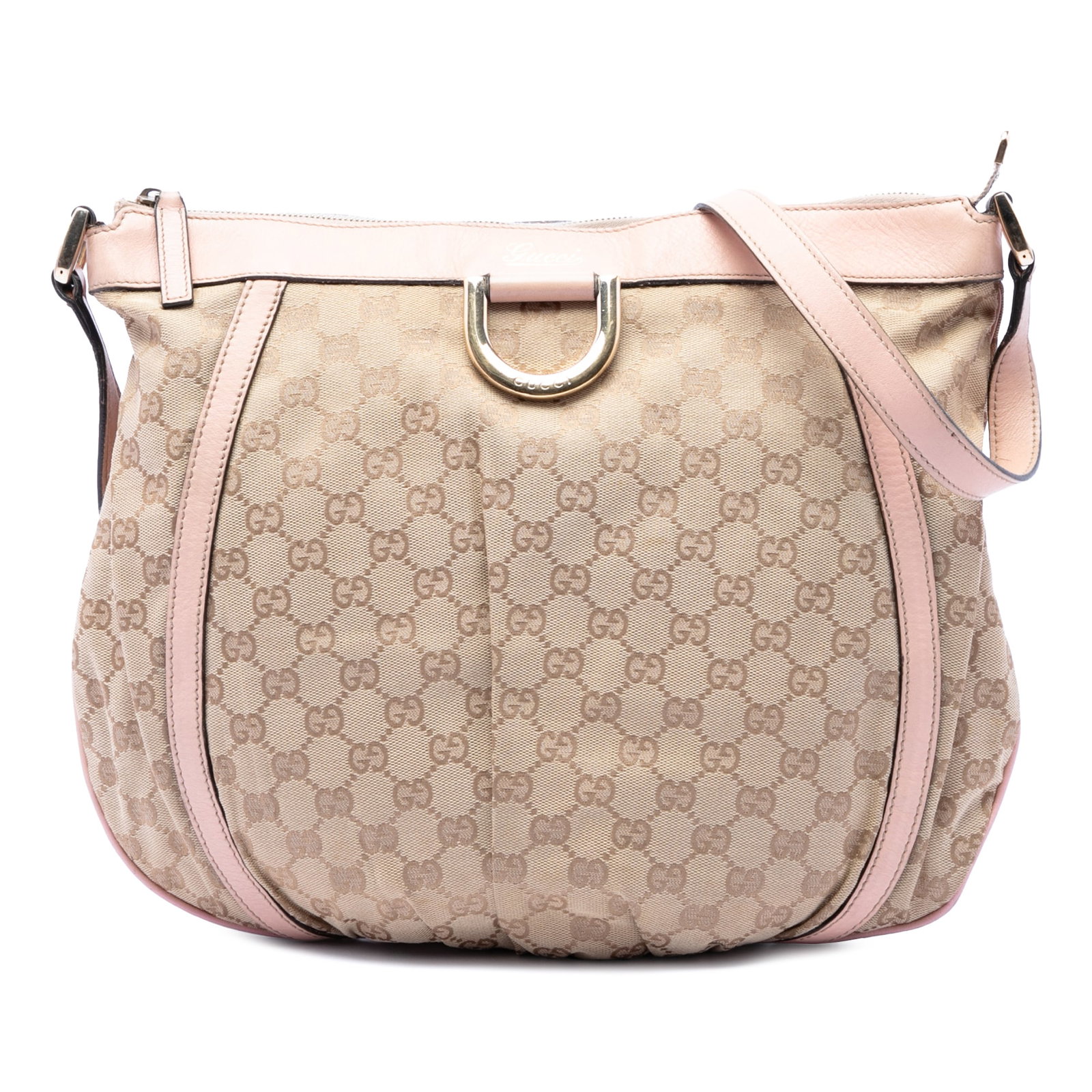 Gucci Abbey D Ring Crossbody Bag in GG Canvas Beige: Gucci Abbey D Ring Crossbody Bag in GG Canvas Beige Gucci GG Canvas Abbey D Ring Crossbody bag in beige canvas with leather trim. This crossbody features a flat leather strap, top zip closure, and an 