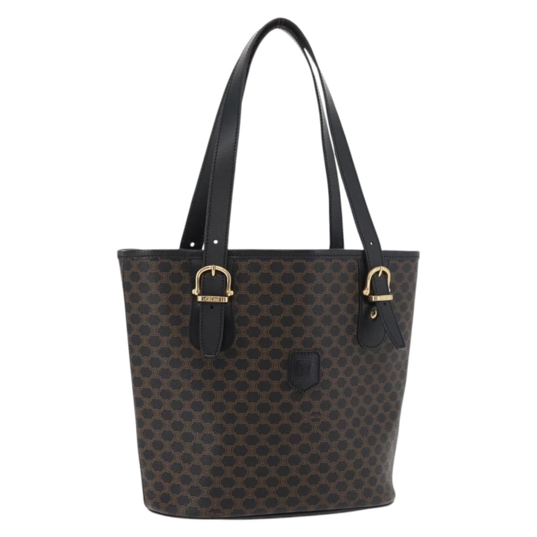 CELINE Macadam Canvas PVC Leather Black Gold Hand Bag: CELINE Macadam Canvas PVC Leather Black Gold Hand Bag This CELINE Macadam Canvas hand bag is crafted from PVC leather in black and gold tones. Designed for women, it features the signature Macadam pat