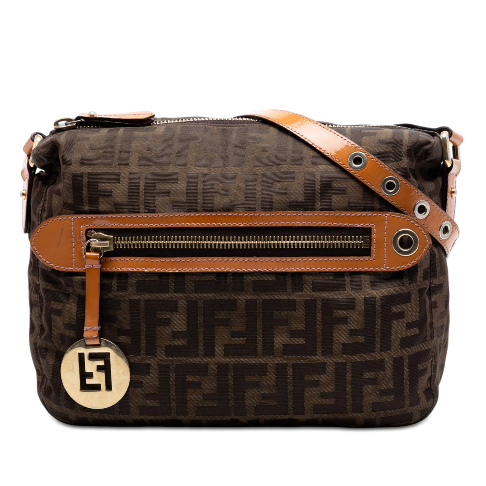 Fendi Zucca Brown Canvas Crossbody Bag with Leather Trim: Fendi Zucca Brown Canvas Crossbody Bag with Leather Trim Fendi Zucca canvas crossbody bag crafted in brown fabric with leather trim. It features a leather strap with grommet details, a top zip closure