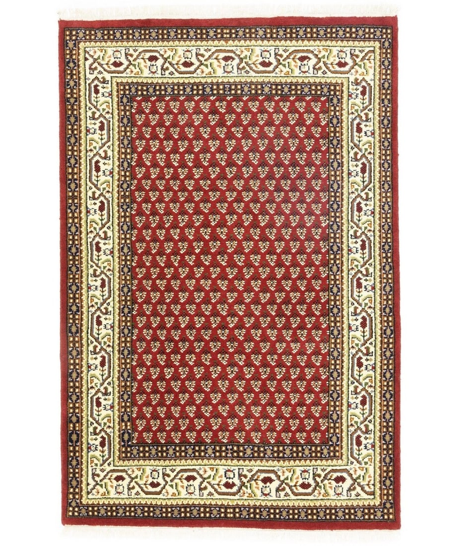 4'1" x 5'11" Indo-Botemir wool area rug red floral tribal: 4'1" x 5'11" Indo-Botemir wool area rug red floral tribal A pre-owned rectangular area rug featuring a red floral tribal design with an oriental farmhouse style. The rug has a decorative cream and bla