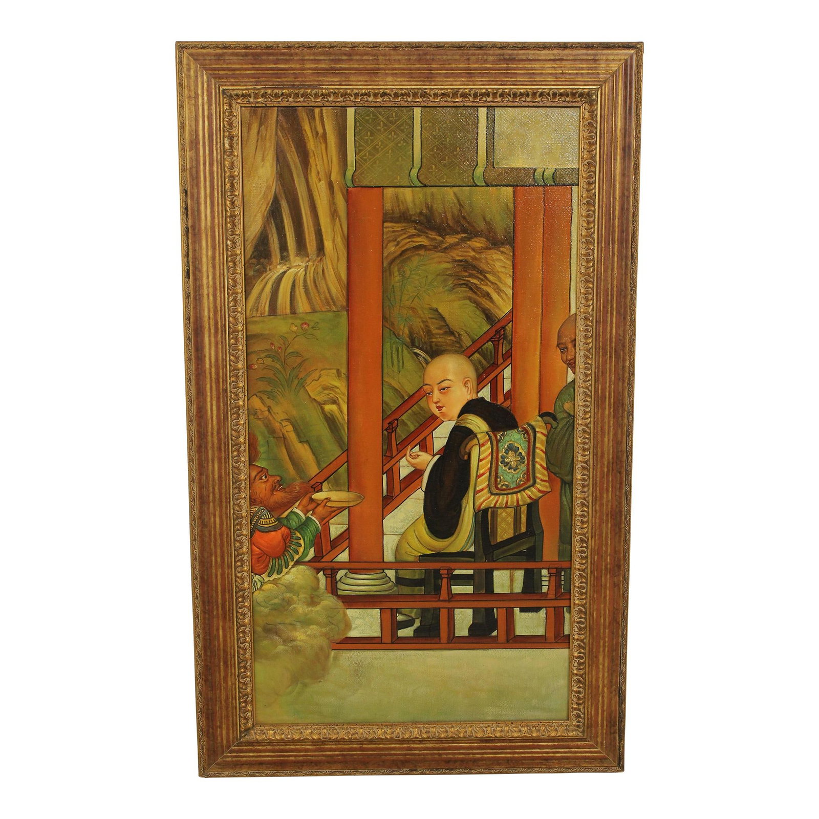 Framed Two Arhats Chinese Oil Painting 27.5x45.5 Wood Frame (1 of 10)
