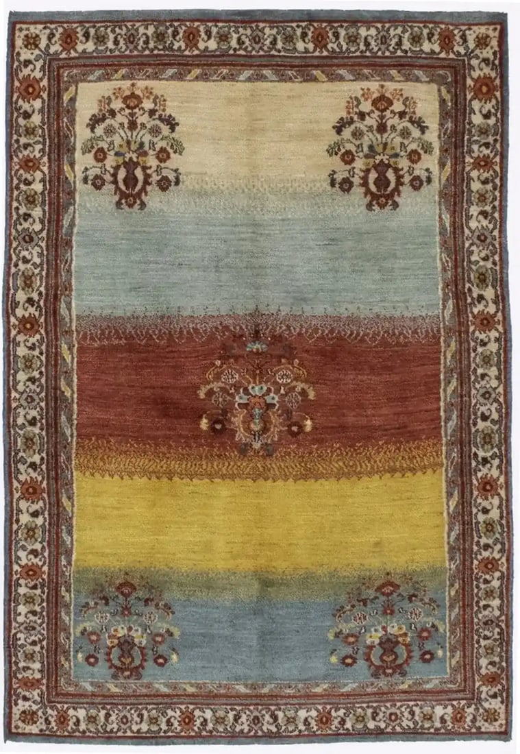 Hand-Knotted Wool Area Rug Multicolor Floral Tribal Design 3'11 x 5'9: Hand-Knotted Wool Area Rug Multicolor Floral Tribal Design 3'11 x 5'9 This hand-knotted area rug features a multicolored floral tribal pattern with beige, rusty red, yellow, blue, and gray tones. Made