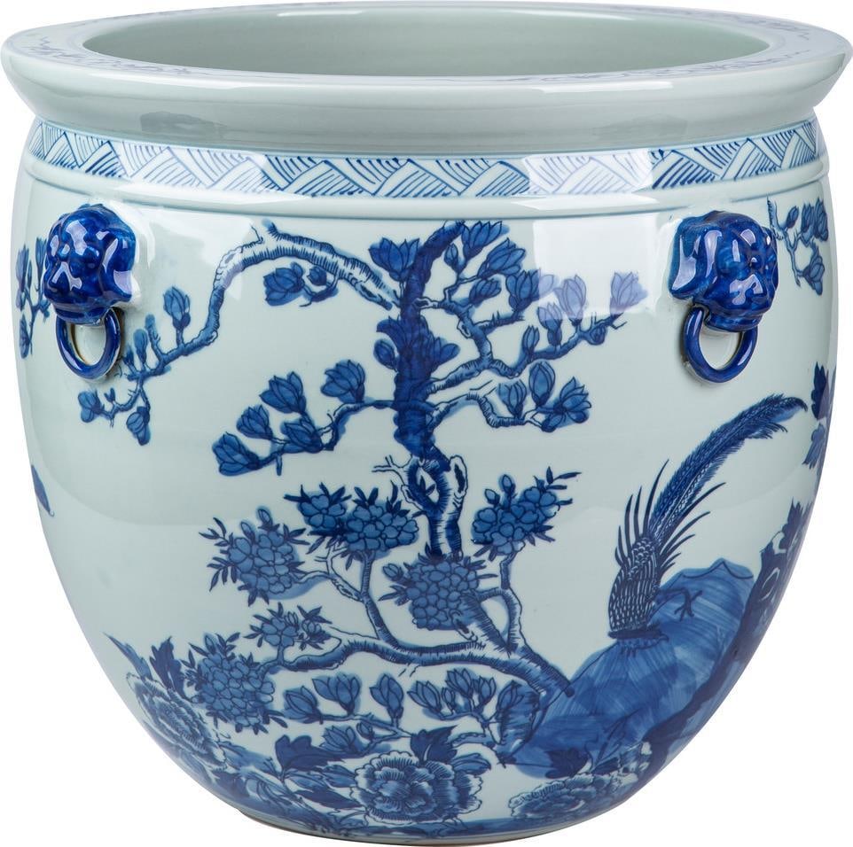 Chinoiserie Lion Handle Porcelain Planter Blue White 19H (1 of 10)