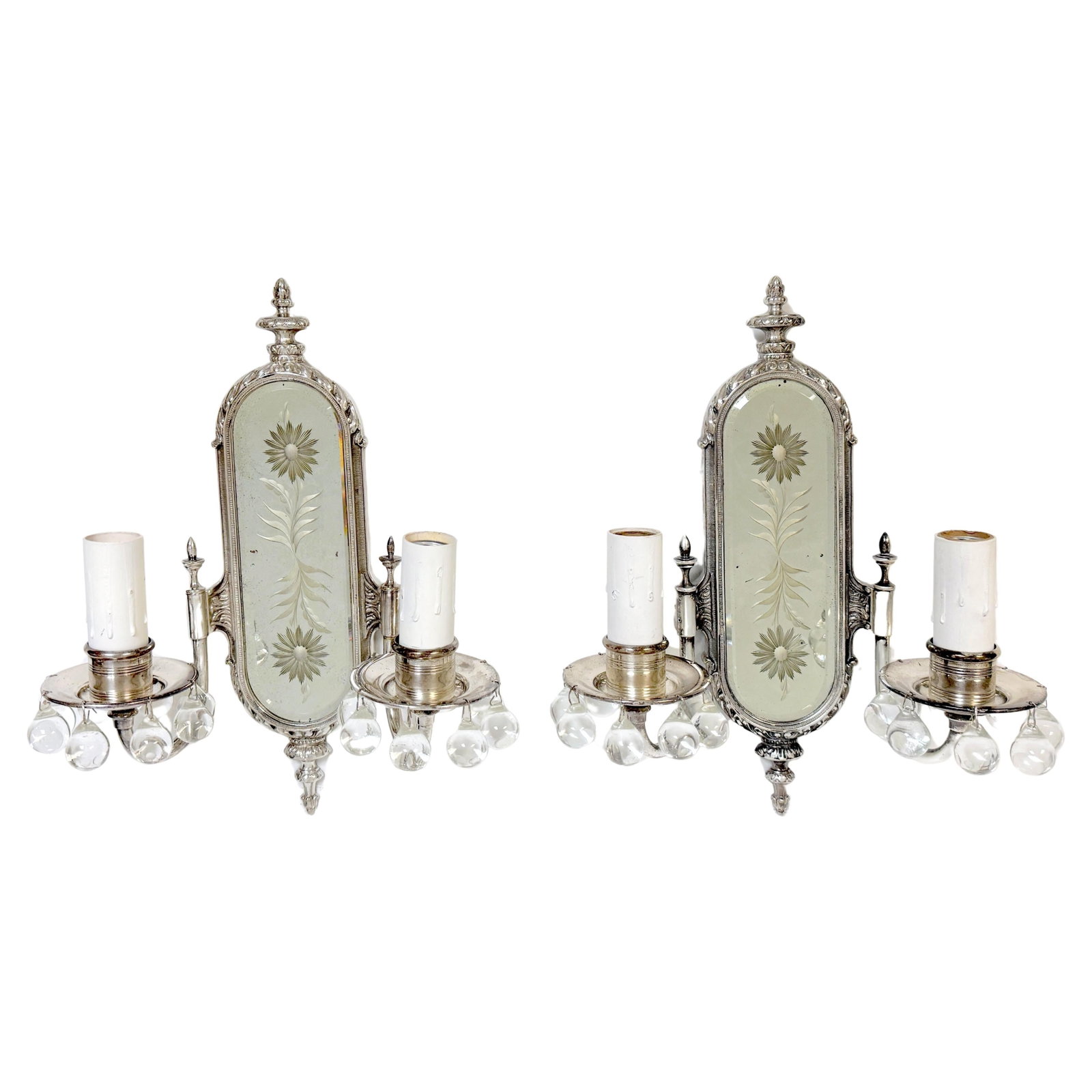 French Neoclassical Crystal Silverplated Mirror Sconces Set of 2 1920s (1 of 9)