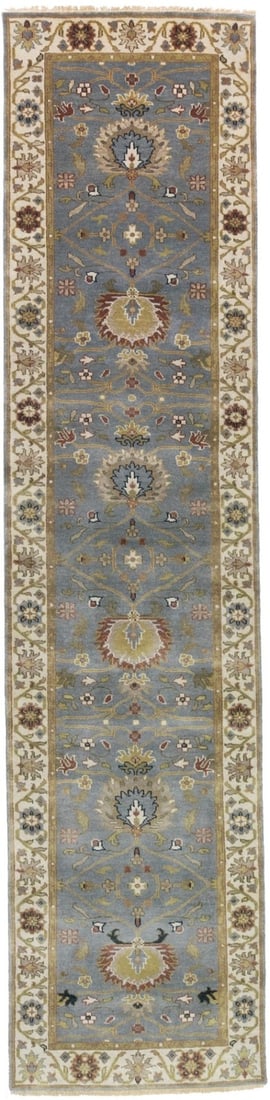 Hand Knotted Wool Peshawar Chobi Runner 3'1 x 13'1: Hand Knotted Wool Peshawar Chobi Runner 3'1 x 13'1 This hand-knotted Peshawar Chobi runner rug features a classic oriental design with a modern twist, showcasing a floral pattern in blue-gray, cream, 