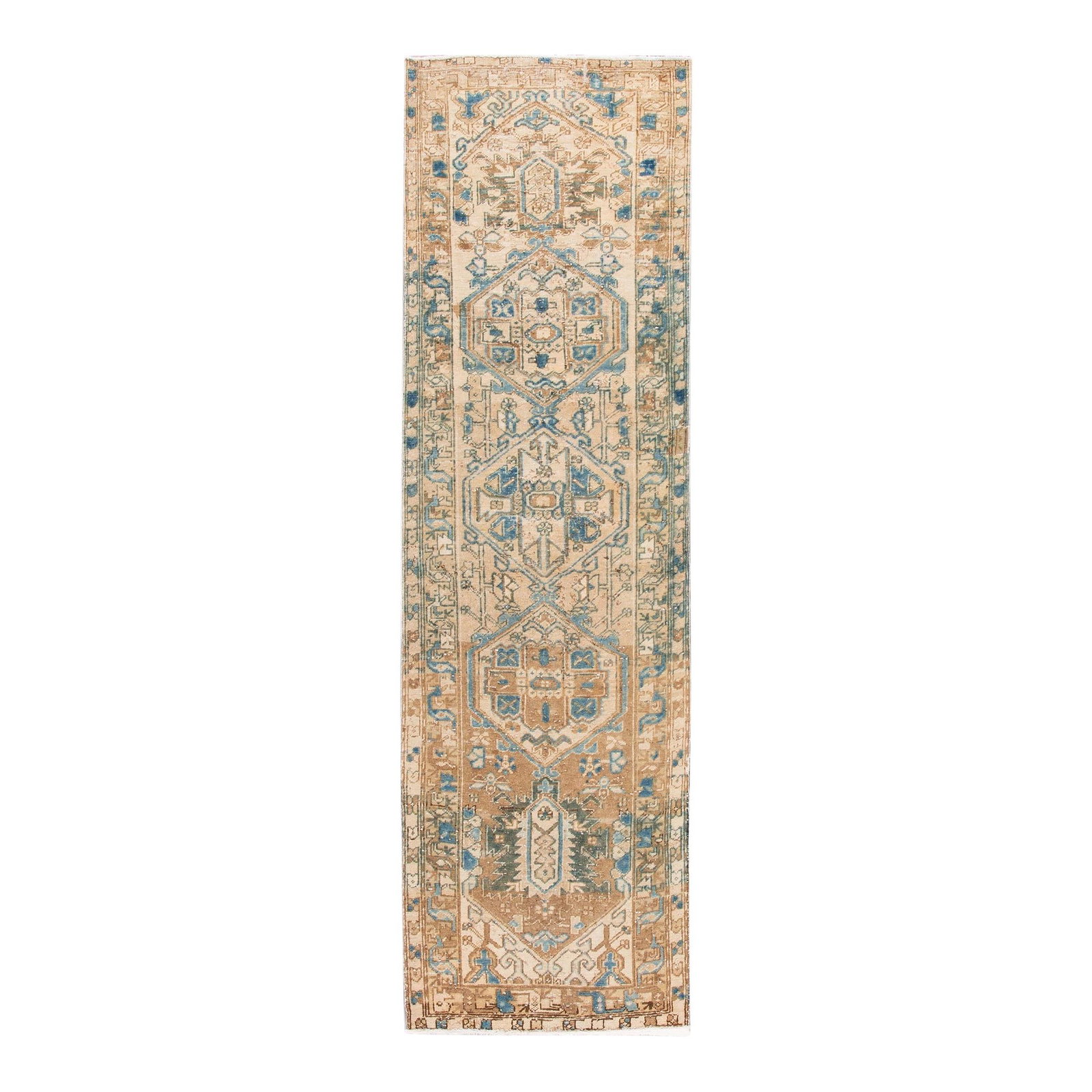 Vintage Persian Heriz Handmade Wool Runner Beige Geometric Design 3'0 x 10'5: Vintage Persian Heriz Handmade Wool Runner Beige Geometric Design 3'0 x 10'5 Discover the charm of this Vintage Persian Heriz Handmade Wool Runner, featuring a beautifully knotted design in a soft bei