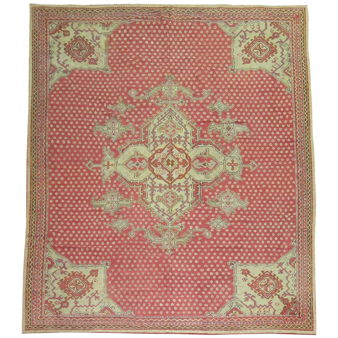 Antique Turkish Oushak Wool Hand Woven Empire Revival Rug: Antique Turkish Oushak Wool Hand Woven Empire Revival Rug This is an early 20th century antique Turkish Oushak rug, crafted circa 1930. Showcasing the Empire Revival style, the rug is hand-woven from 