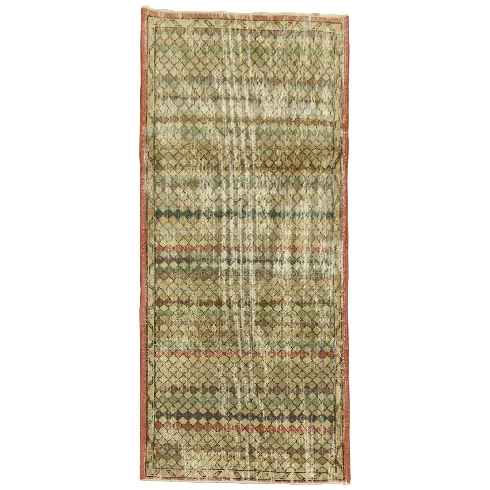 Mid Century Turkish Wool Hand Knotted Runner 3'6 x 6'11: Mid Century Turkish Wool Hand Knotted Runner 3'6 x 6'11 This Turkish deco small runner features a hand-knotted wool construction with a mid-century modern design. The rug showcases faded accents in