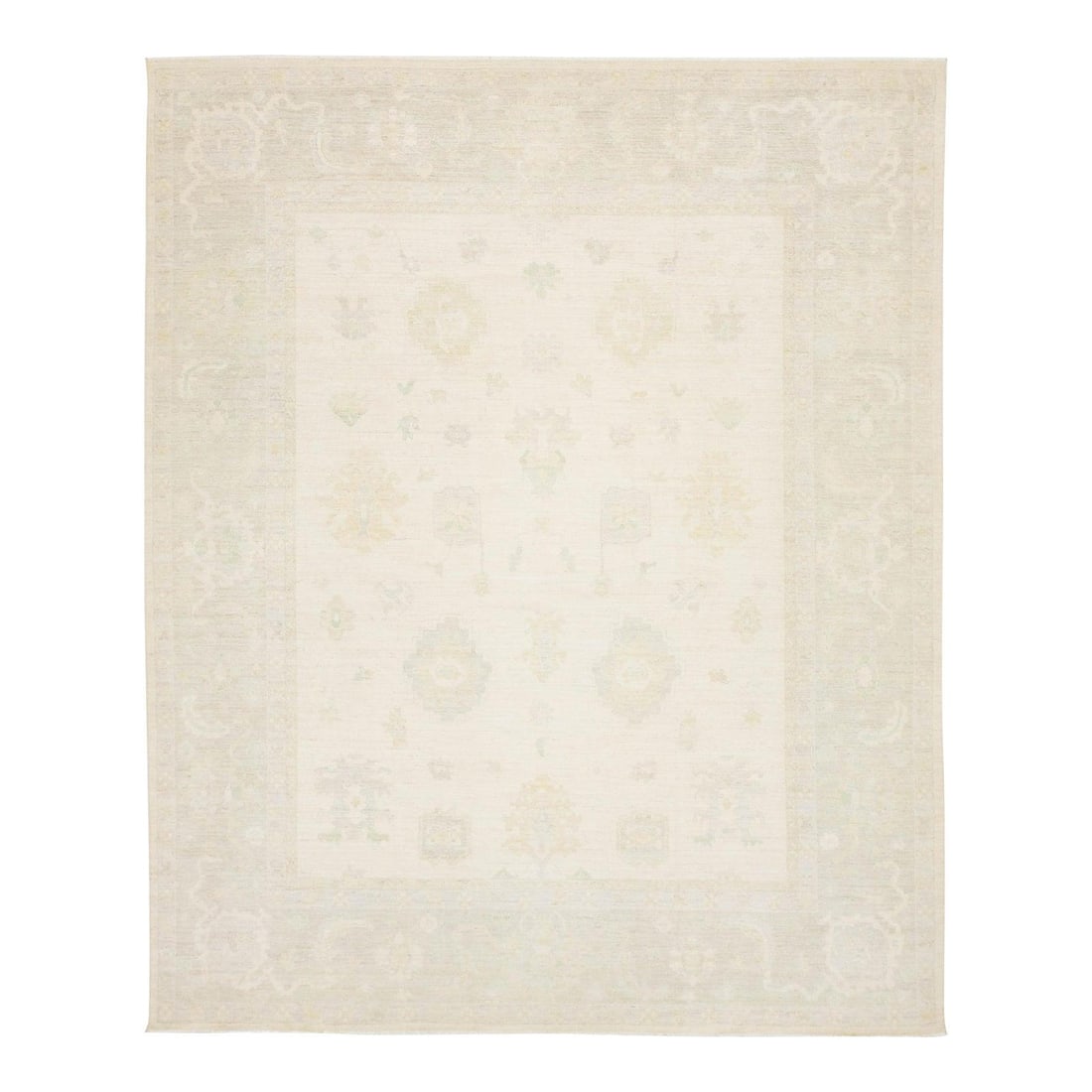 Hand Knotted Wool Oushak Style Rug 12'1 x 14'8 Ivory Sage: Hand Knotted Wool Oushak Style Rug 12'1 x 14'8 Ivory Sage This Modern Oushak-style area rug is hand-knotted from premium wool, offering a sophisticated and serene addition to any space. The rug featur