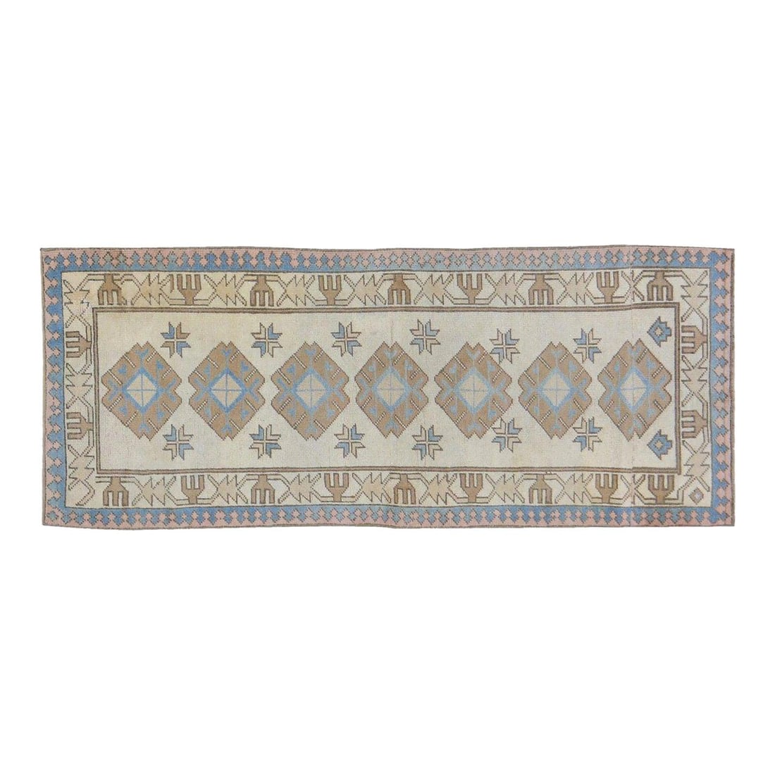 Hand-Knotted Wool Anatolian Rug in Tan 2'8'' x 6'7'': Hand-Knotted Wool Anatolian Rug in Tan 2'8'' x 6'7'' This vintage Turkish Anatolian rug is hand-knotted from wool using traditional techniques, blending timeless craftsmanship with a modern design sen
