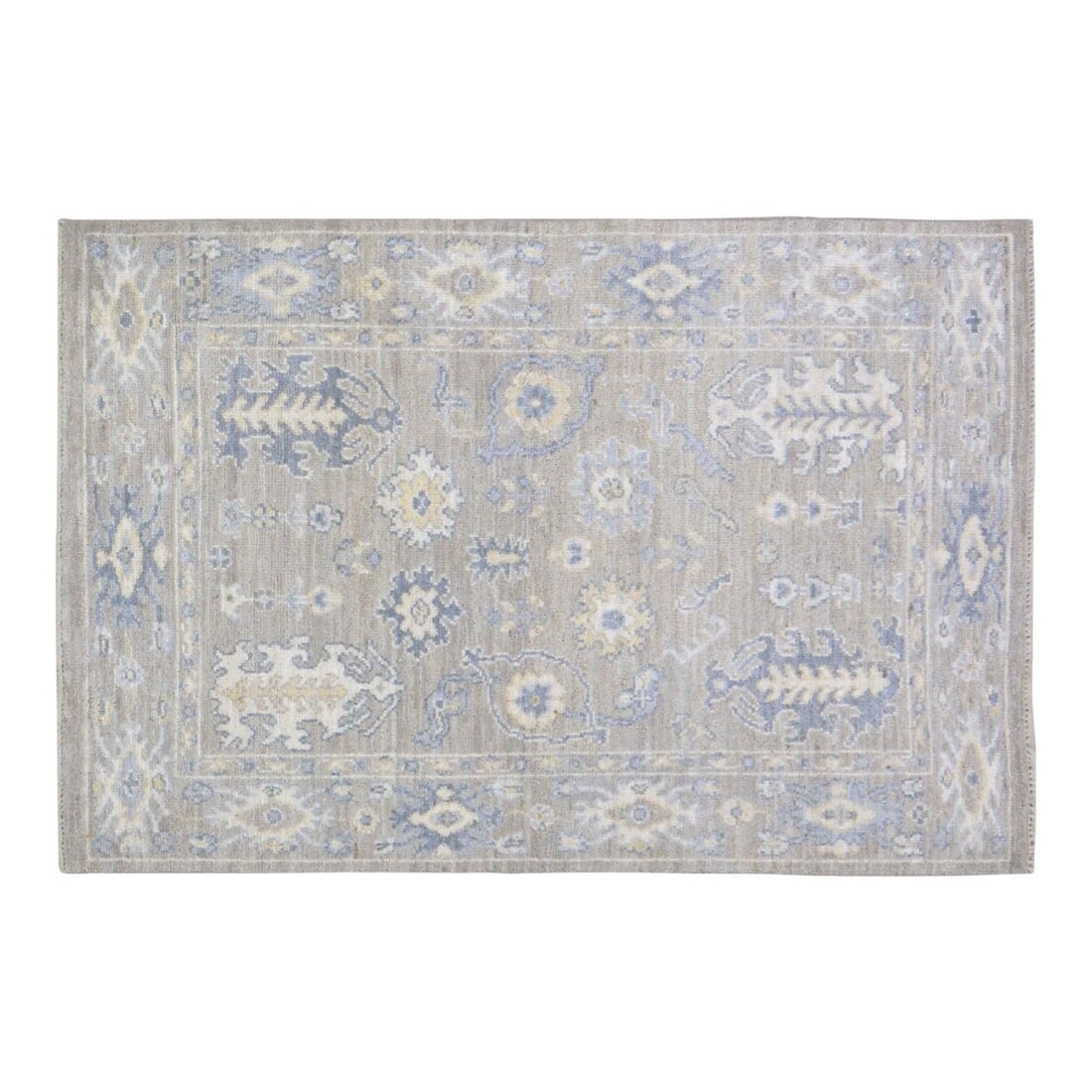 Slate Gray Wool Oushak Rug Hand Knotted Turkish 4'x6'2": Slate Gray Wool Oushak Rug Hand Knotted Turkish 4'x6'2" This Turkish Oushak hand-knotted wool rug is crafted using traditional techniques, offering a blend of timeless craftsmanship and modern design.