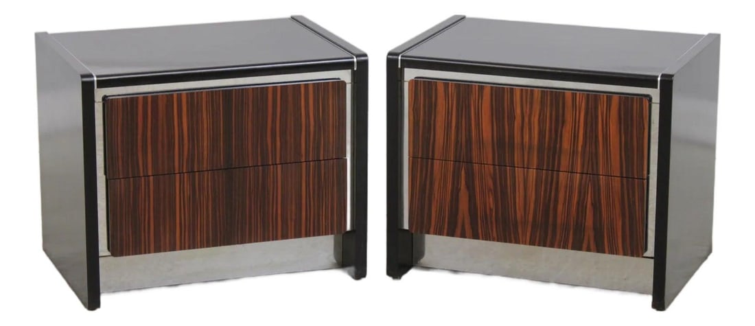 John Stuart pair Macassar ebony chrome bedside tables (1 of 10)