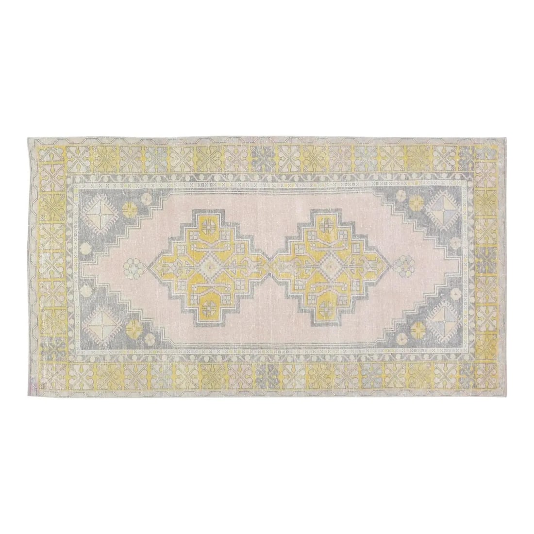 Blush Wool Hand Knotted Turkish Anatolian Rug 3'7" x 6'9" Vintage 1960s: Blush Wool Hand Knotted Turkish Anatolian Rug 3'7" x 6'9" Vintage 1960s This vintage Turkish Anatolian rug features a hand-knotted construction with natural colors and a soft texture. Crafted from woo