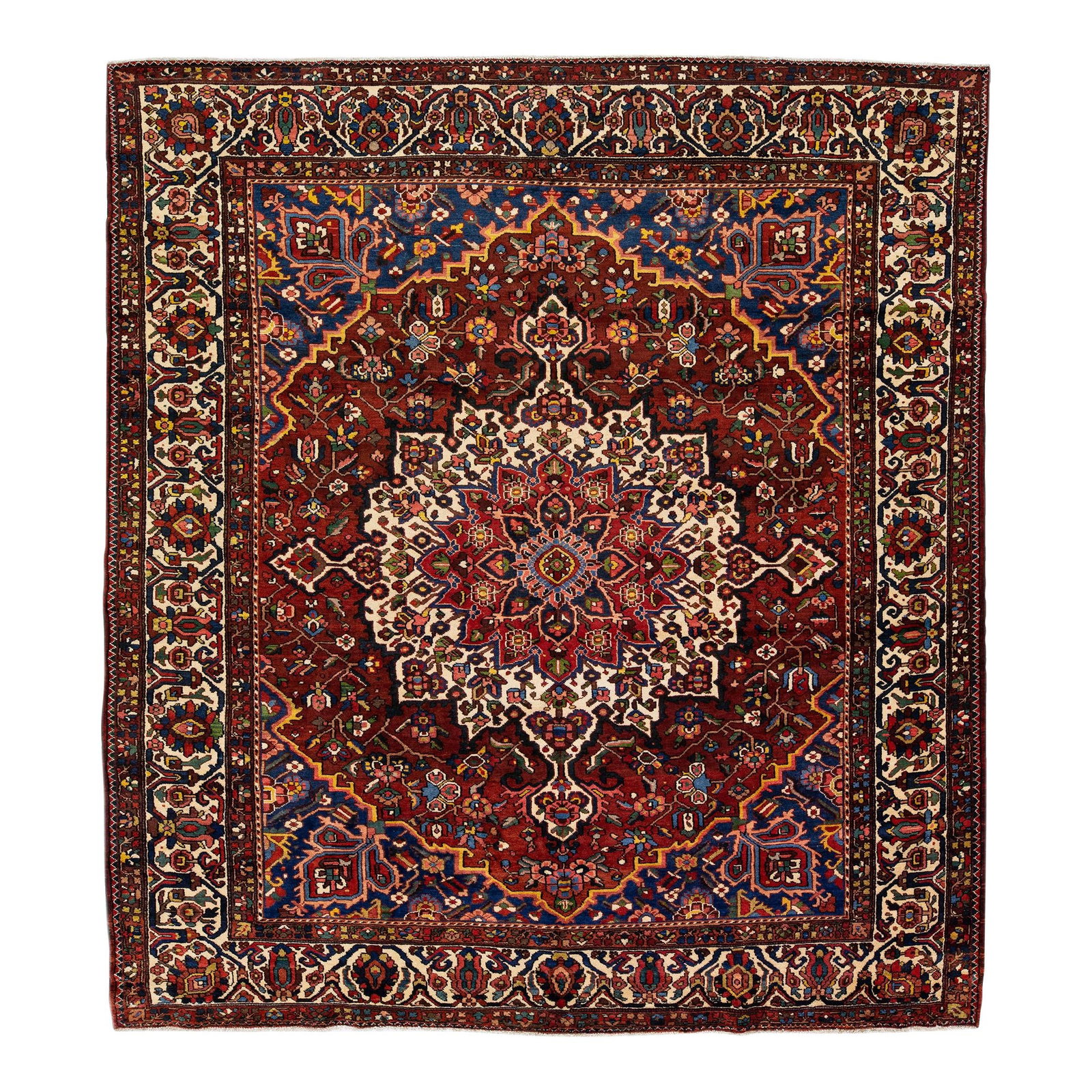 Antique Bakhtiari Hand-Knotted Wool Rug Multicolor Medallion 10'9 x 11'8: Antique Bakhtiari Hand-Knotted Wool Rug Multicolor Medallion 10'9 x 11'8 This exquisite Antique Bakhtiari hand-knotted wool rug features a vibrant red field with a stunning all-over multicolor accent,