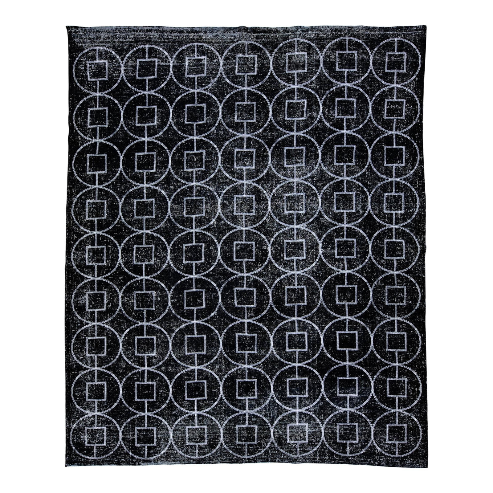 Black Handmade Turkish Wool Rug with Geometric Pattern 10' x 12'6: Black Handmade Turkish Wool Rug with Geometric Pattern 10' x 12'6 Enhance your space with this stunning Turkish handmade wool rug, showcasing a modern design with a striking black distressed look. Acc