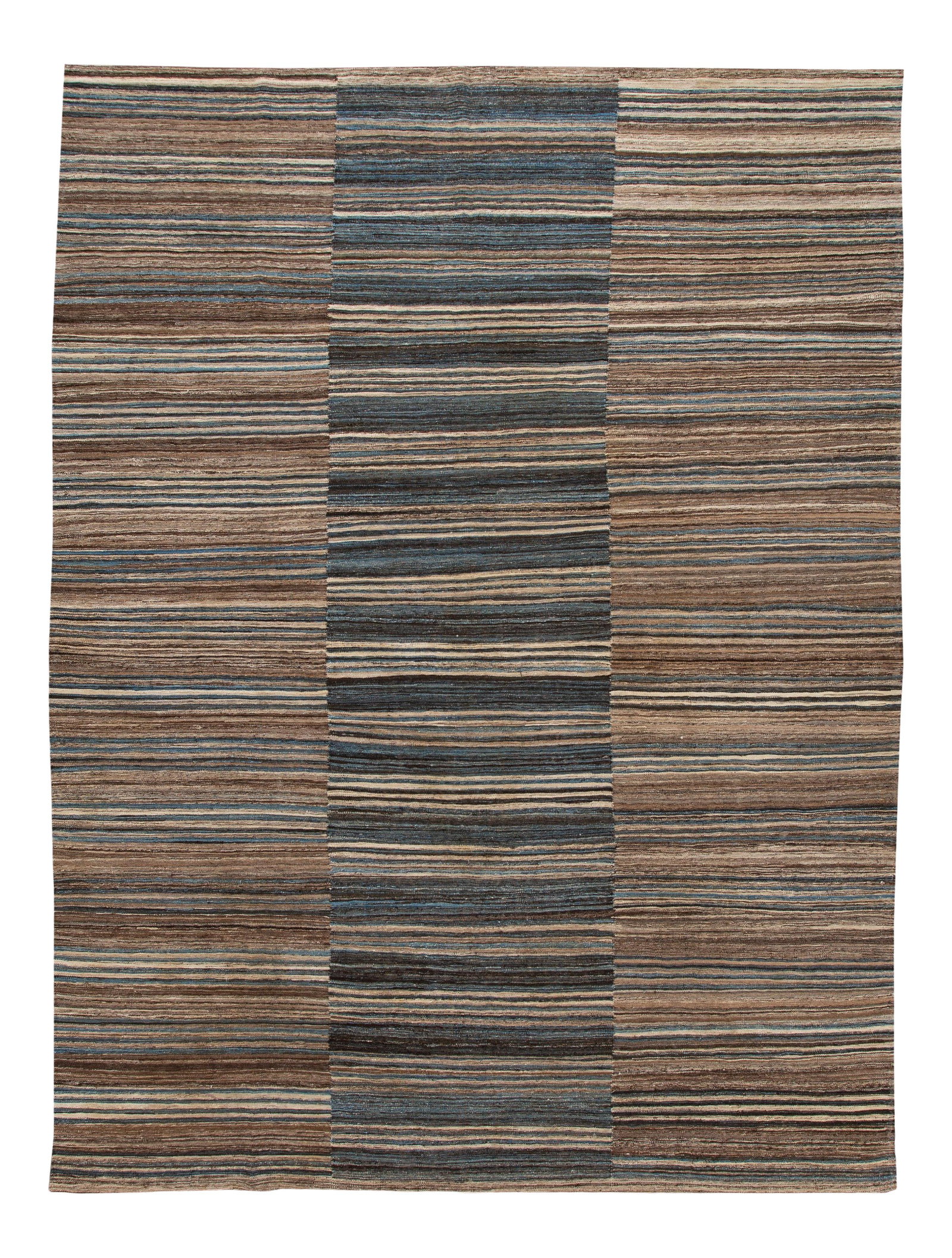 Brown Handmade Wool Kilim Rug 10'4 x 13'11 Geometric Design: Brown Handmade Wool Kilim Rug 10'4 x 13'11 Geometric Design Enhance your space with this stunning brown modern flat-weave handmade wool rug. Featuring a rich brown field adorned with accents of blue a