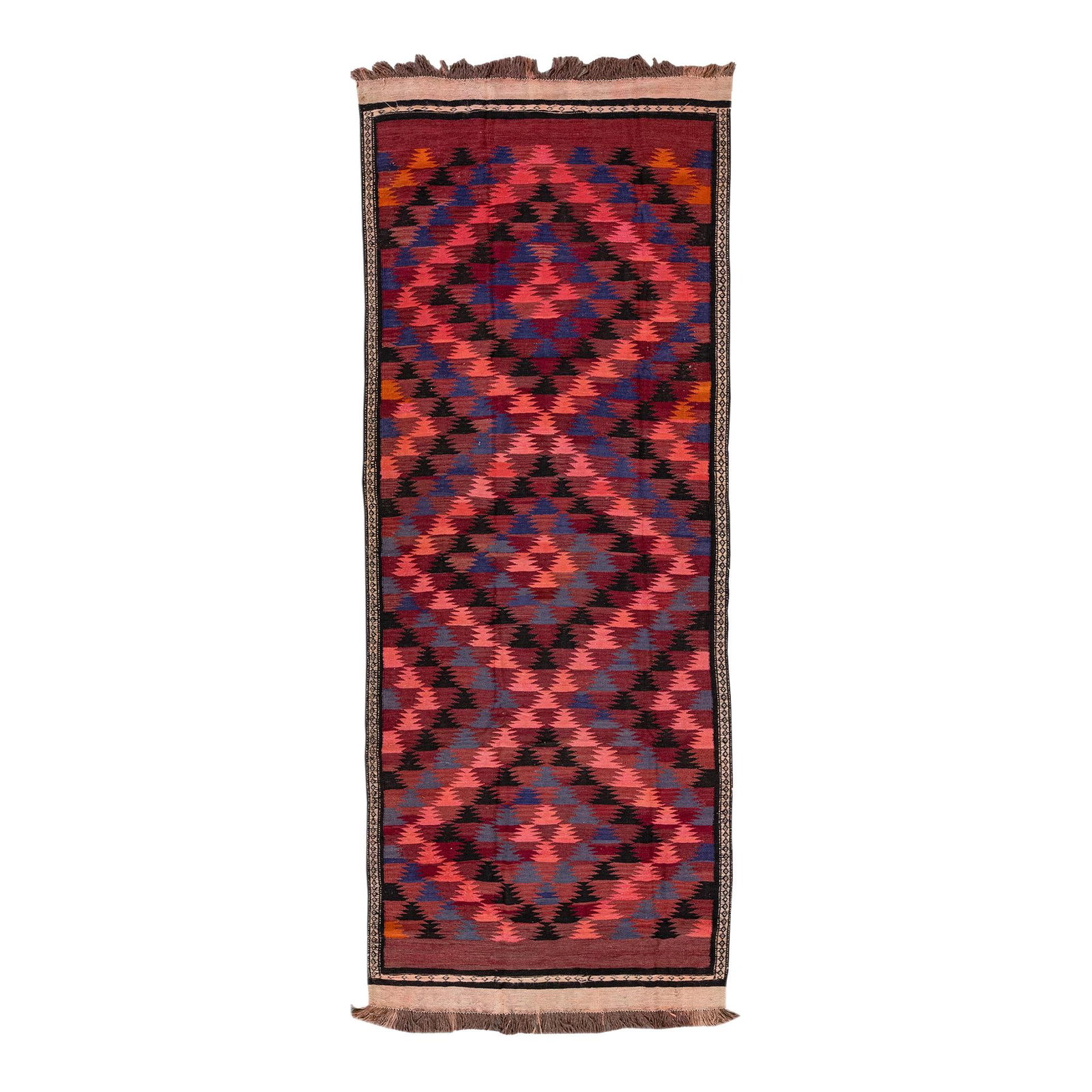 Burgundy Red Vintage Kilim Wool Runner 4'7 x 12'3 Tribal Design: Burgundy Red Vintage Kilim Wool Runner 4'7 x 12'3 Tribal Design This exquisite vintage kilim handmade wool runner features a rich burgundy red field adorned with vibrant orange, pink, and blue accents