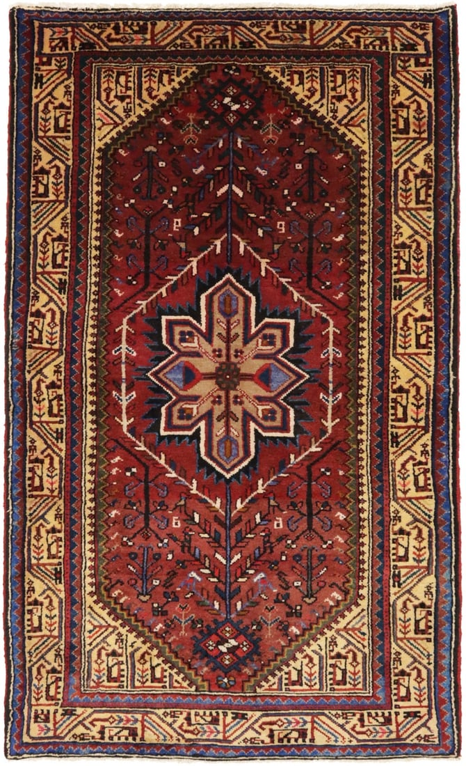 Rare Vintage Handmade Tribal Wool Rug 4x7 ft Red Carpet: Rare Vintage Handmade Tribal Wool Rug 4x7 ft Red Carpet Discover the beauty of this rare vintage handmade Oriental rug, ideal for enhancing your entryway or hallway. This striking carpet features a vi